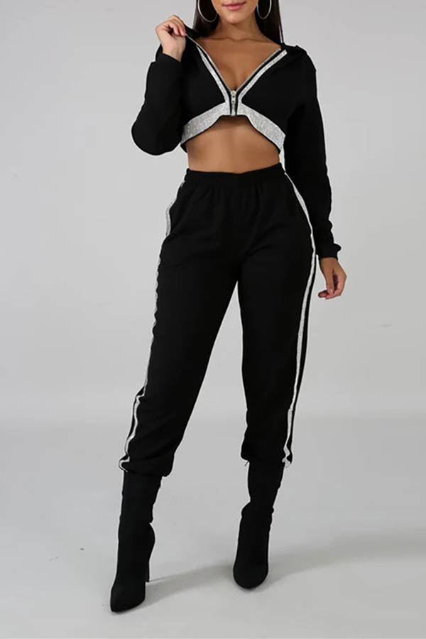 

Lovely Leisure Patchwork Black Two-piece Pants Set