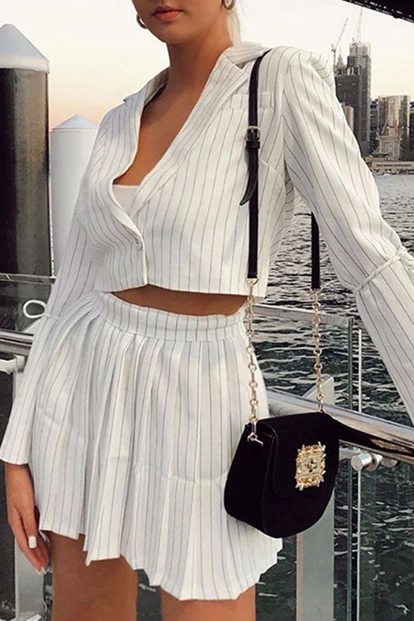 Cheap Two-piece Skirt Set Lovely Work Turn-back Collar Striped White T