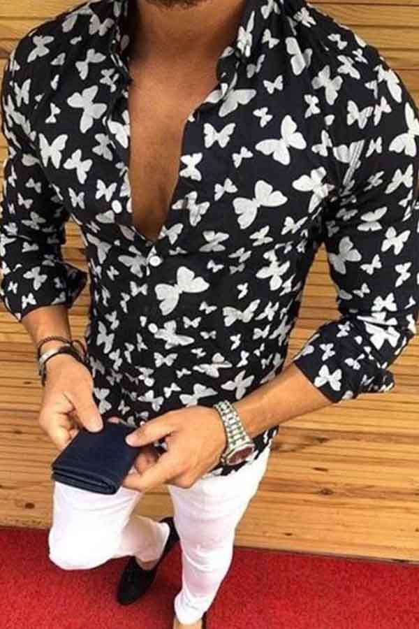 

Lovely Casual Turndown Collar Printed Black Blouse