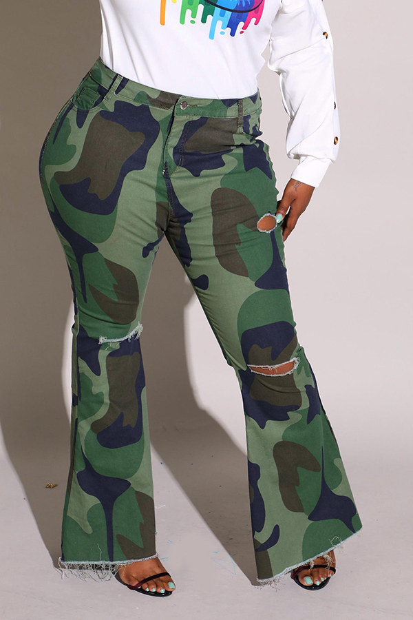 

Lovely Trendy Camouflage Printed Army Green Plus Size Pants, Army green camouflag