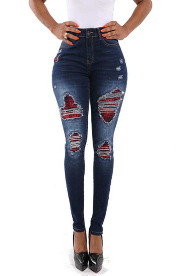 

Lovely Casual Patchwork Deep Blue Jeans