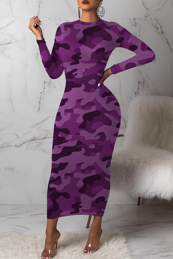 

Lovely Casual Camouflage Printed Purple Mid Calf Dress, Purple camouflage