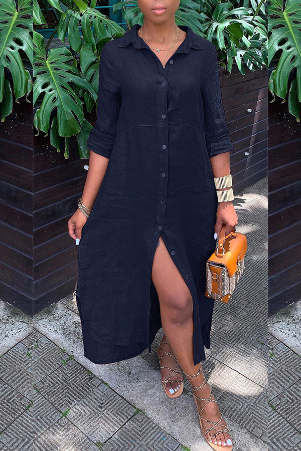 

Lovely Casual Buttons Design Dark Blue Mid Calf Dress