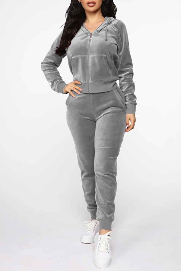 Cheap Two-piece Pants Set Lovely Casual Hooded Collar Basic Grey Two-p