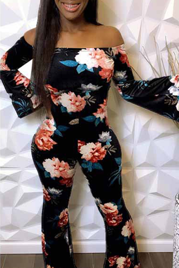 

Lovely Casual Floral Printed Black One-piece Jumpsuit