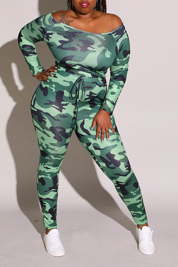 Lovely Casual Camouflage Printed Army Green Plus Size One-piece Jumpsuit_Plus Size Jumpsuit_Plus 