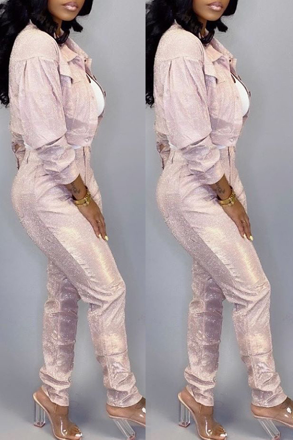 

Lovely Casual Buttons Design Pink Two-piece Pants Set, Light pink