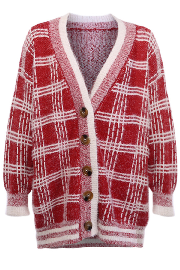 

Lovely Trendy Plaid Printed Red Cardigan