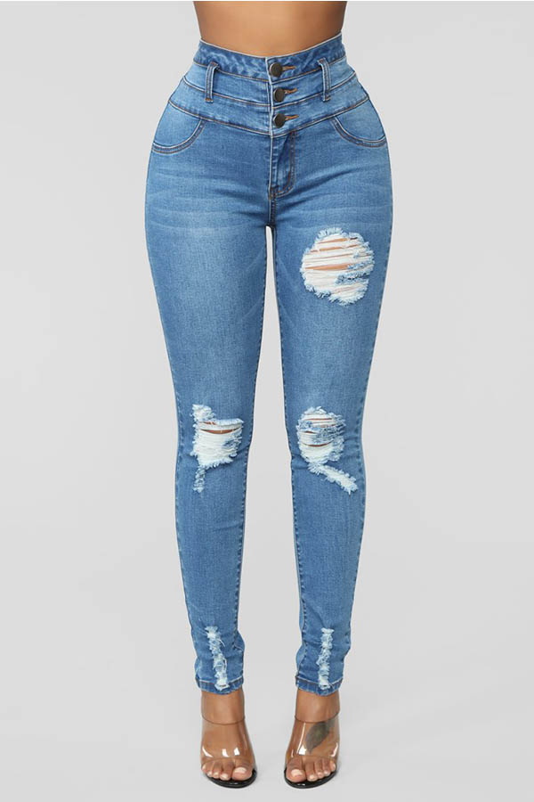 

Lovely Casual Broken Holes Baby Blue Jeans