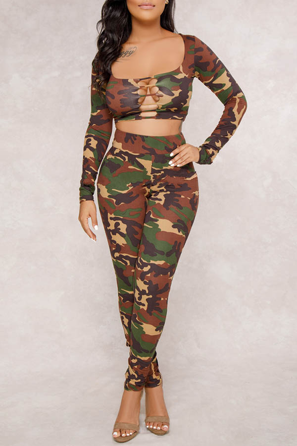 

Lovely Casual Camouflage Printed Two-piece Pants Set, Camo