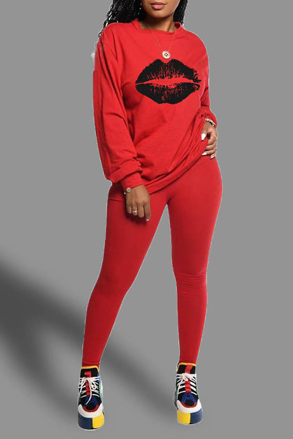 

Lovely Casual Lip Printed Red Two-piece Pants Set
