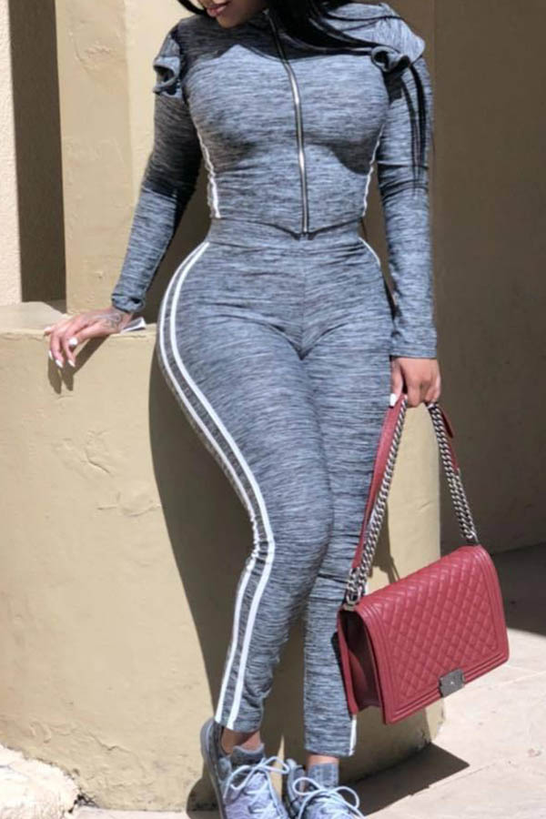 

Lovely Casual Basic Striped Grey Two-piece Pants Set