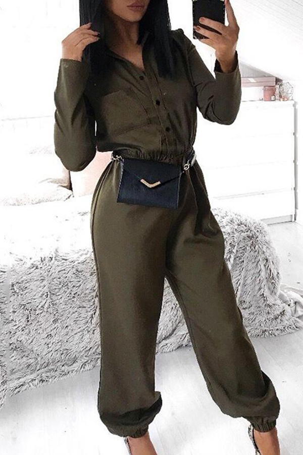 

Lovely Trendy Buttons Design Green One-piece Jumpsuit