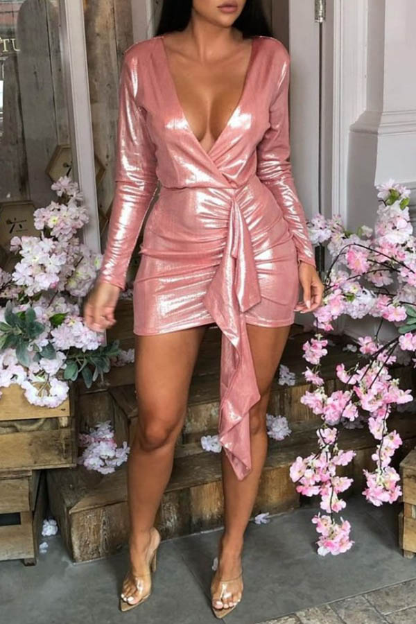 Cheap Dress Lovely Chic Deep V Neck Asymmetrical Pink Mini Dress