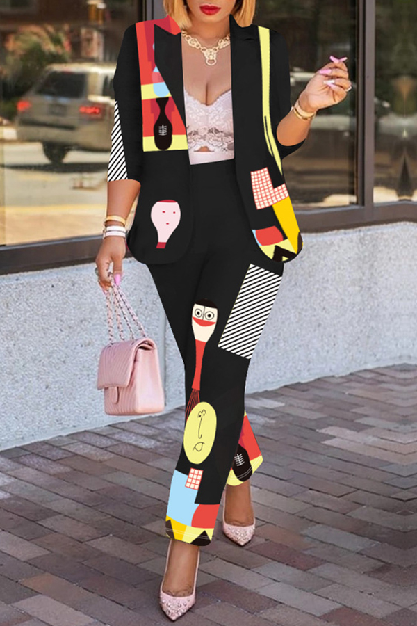 

Lovely Sweet Turn-back Collar Printed Black Two-piece Pants Set