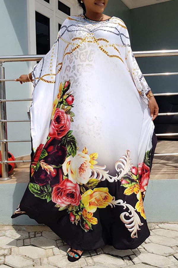 

Lovely Casual Floral Printed White Ankle Length Plus Size Dress
