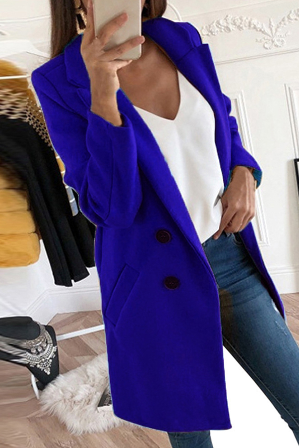 Lovely Casual Basic Buttons Design Royal Blue Coat