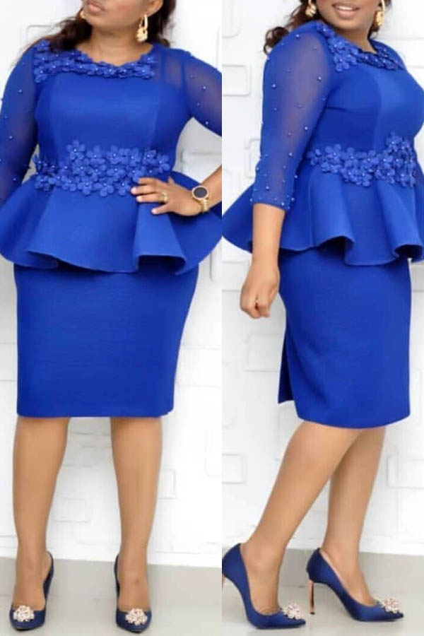 

Lovely Temperament Patchwork Blue Knee Length Plus Size Dress