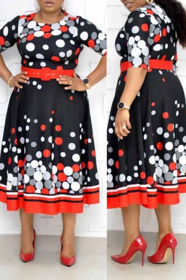 Cheap Plus Size Dress Lovely Leisure Dot Printed Red Mid Calf Plus Siz