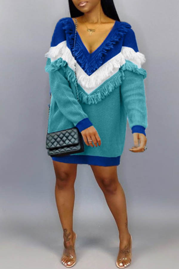 

Lovely Trendy Color-lump Patchwork Blue Mini Dress