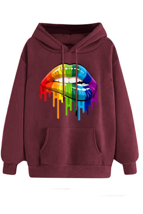 Cheap Hoodies Lovely Casual Hooded Collar Lip Printed Wine Red Hoodie