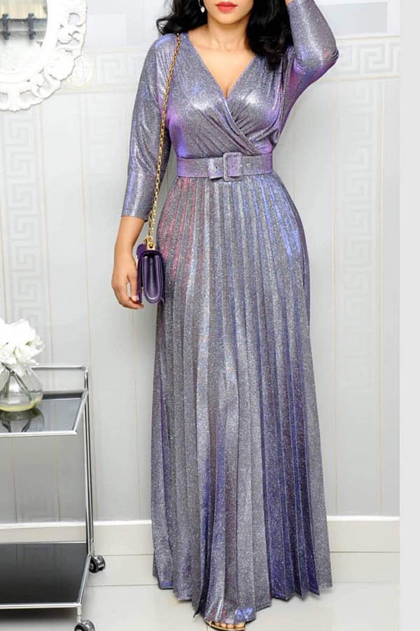 

Lovely Trendy V Neck Ruffle Design Purple Floor Length Dress