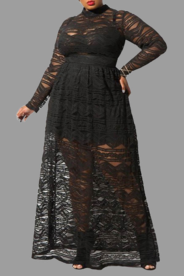 

Lovely Casual Hollow-out Black Ankle Length Plus Size Dress