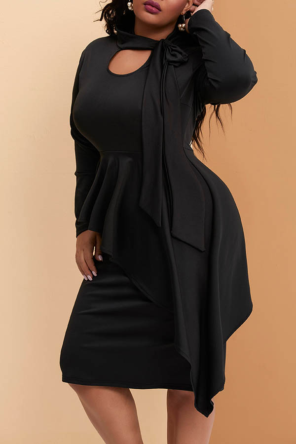 

Lovely Casual Asymmetrical Black Mid Calf Plus Size Dress