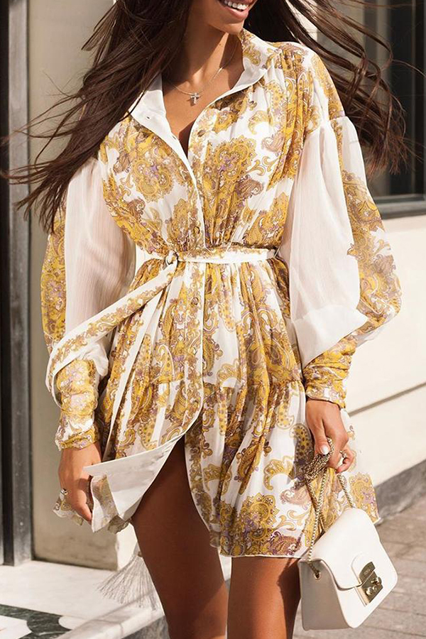 

Lovely Casual Turndown Collar Printed Yellow Mini Dress