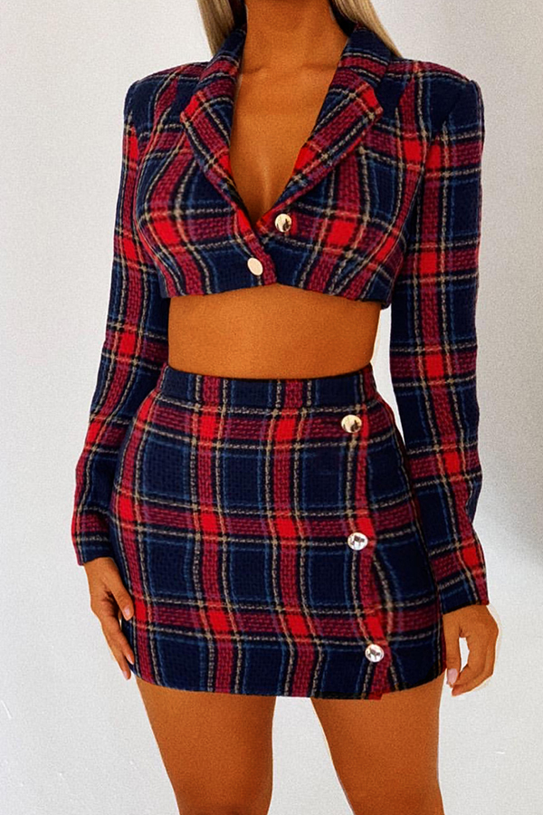 Cheap Two-piece Skirt Set Lovely Work Turn-back Collar Plaid Printed R