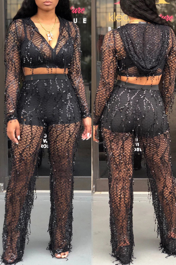 

Lovely Sexy Hooded Collar Hollow-out Black Two-piece Pants Set(Without Bra