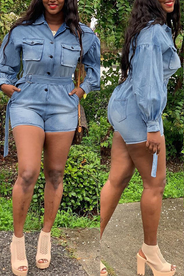 

Lovely Trendy Buttons Design Blue One-piece Romper