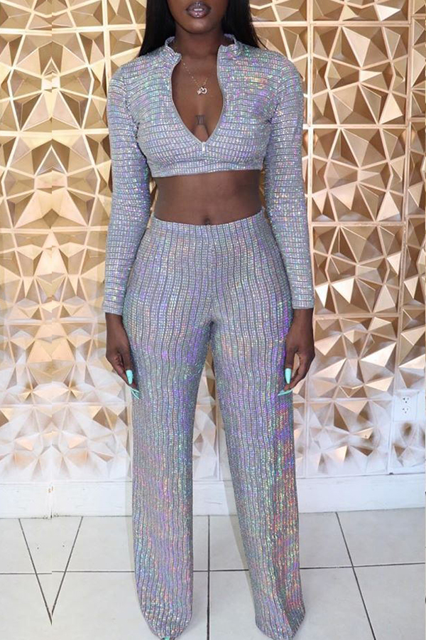 

Lovely Trendy Basic Silver Two-piece Pants Set