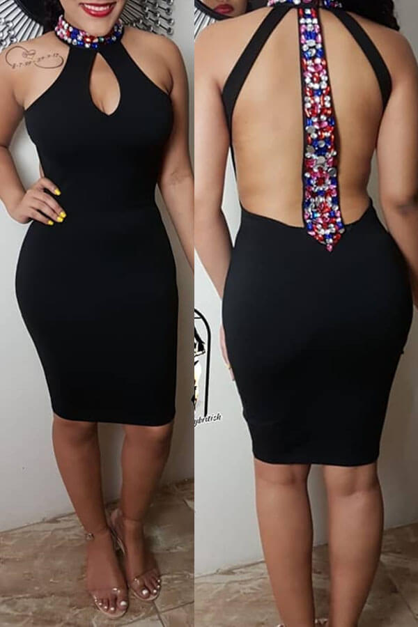 Cheap Dress Lovely Sexy Backless Black Knee Length Dress