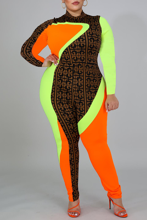 

Lovely Casual Half A Turtleneck Patchwork Multicolor Plus Size One-piece Jumpsuit, Multi