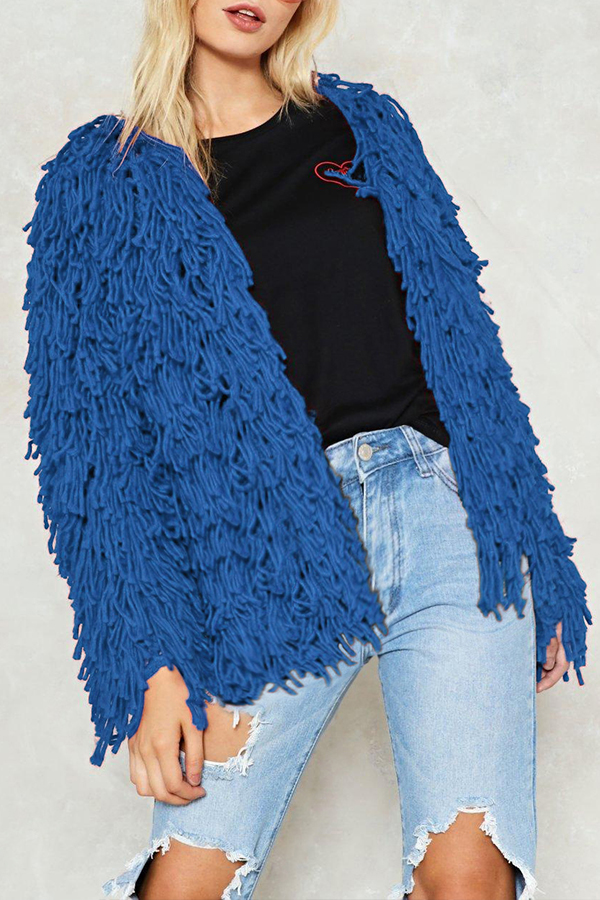 

Lovely Casual Tassel Design Blue Coat