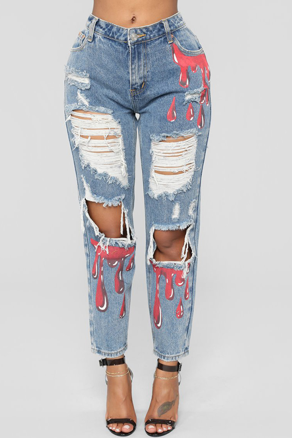 

Lovely Trendy Hollow-out Printed Sky Blue Jeans, Skyblue