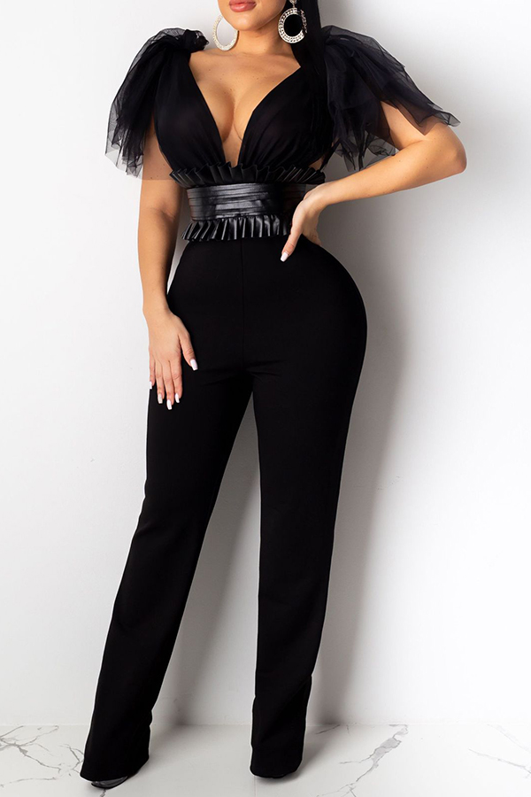 Cheap Jumpsuit Lovely Sexy Deep V Neck Black One-piece Jumpsuit