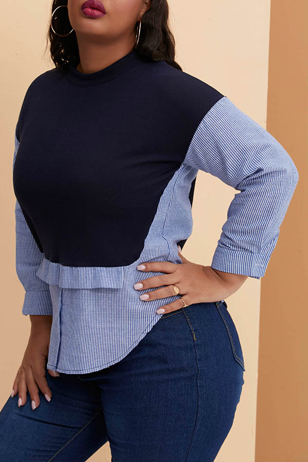

Lovely Casual Patchwork Blue Plus Size Blouse