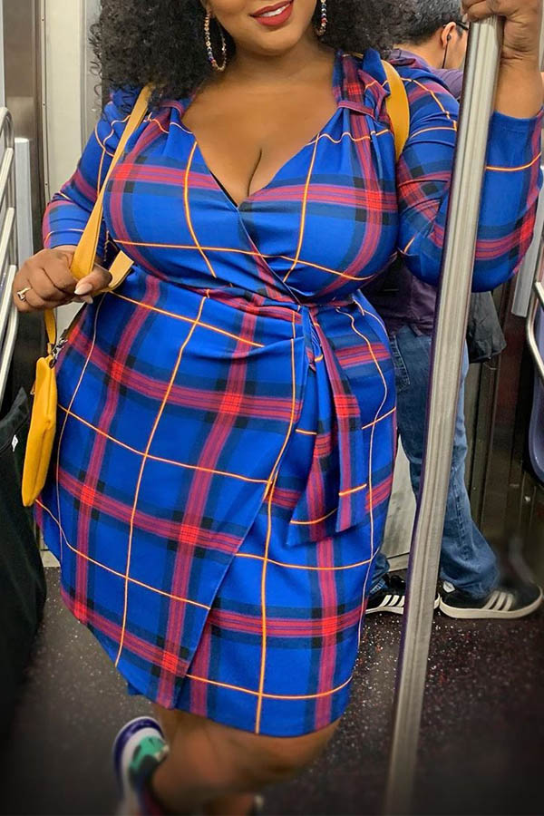 

Lovely Casual V Neck Printed Blue Knee Length Plus Size Dress