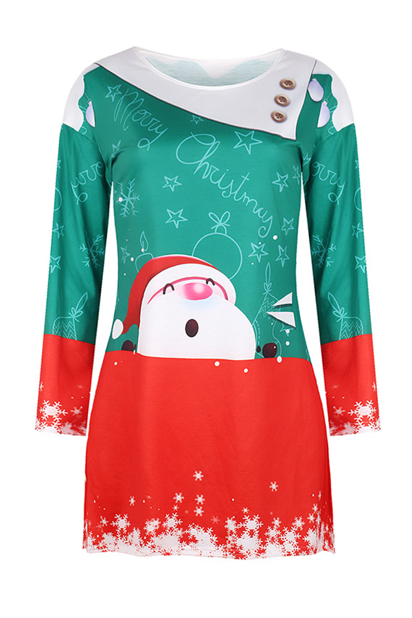 

Lovely Christmas Day O Neck Printed Red Mini Dress