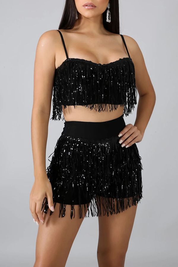 

Lovely Sexy Tassel Design Black Two-piece Shorts Set