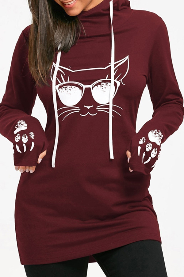 Lovely Casual Hooded Collar Cat Printed Wine Red Hoodie_Hoodies_Top_LovelyWholesale | Wholesale ...