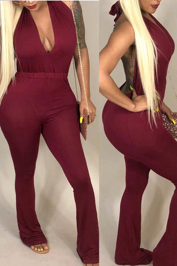 Cheap Jumpsuit Lovely Sexy Backless Wine Red One-piece Jumpsuit