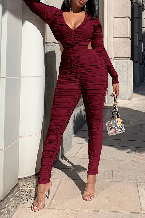 

Lovely Trendy Hollow-out Wine Red One-piece Jumpsuit