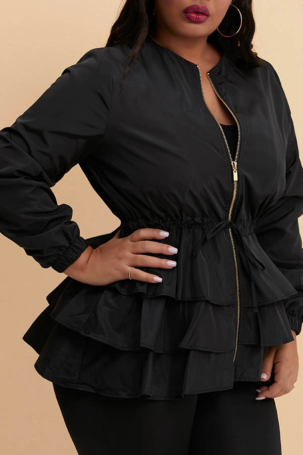 

Lovely Casual Flounce Design Black Plus Size Trench Coat