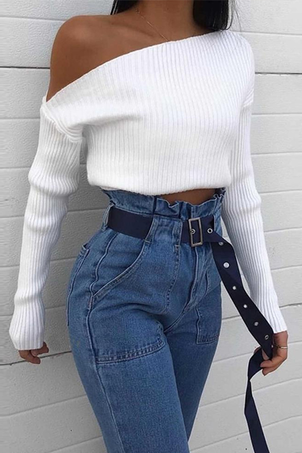 Lovely Casual Dew Shoulder White Sweater