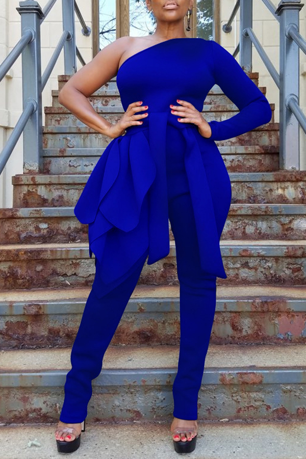 

Lovely Leisure One Shoulder Blue One-piece Jumpsuit