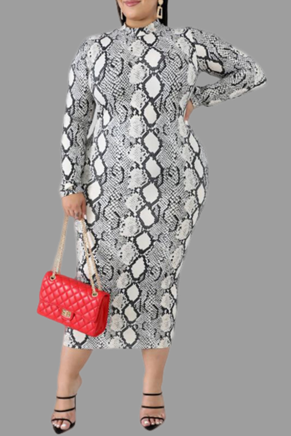 Cheap Plus Size Dress Lovely Casual Printed Snakeskin Printed Knee Len