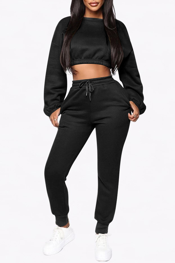 

Lovely Casual Crop Top Black Two-piece Pants Set